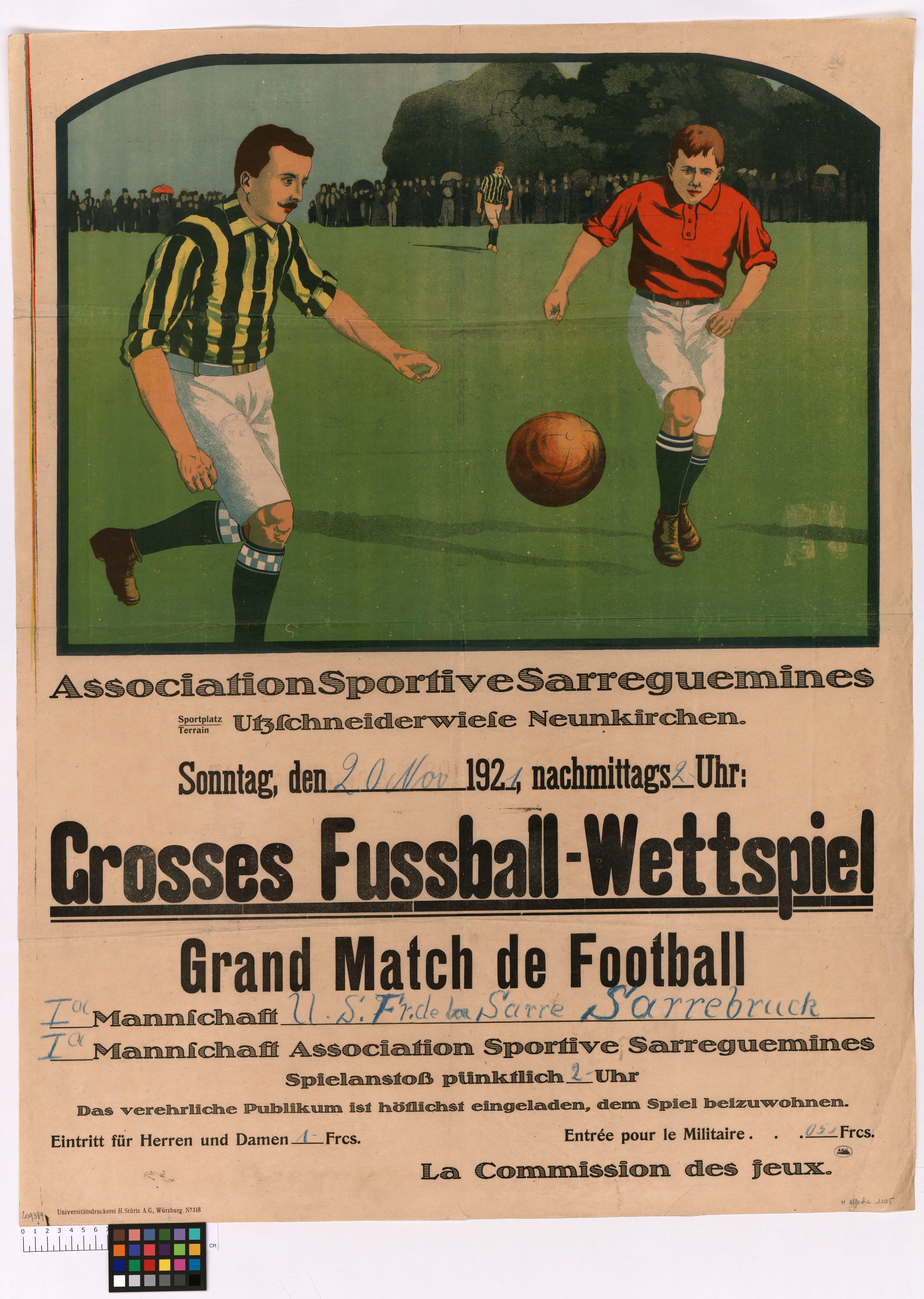 Grand Match de Football, 21 November 1921 — letterpress match bill, 21 November 1921, Jobbing printer, Sarreguemines, 1921